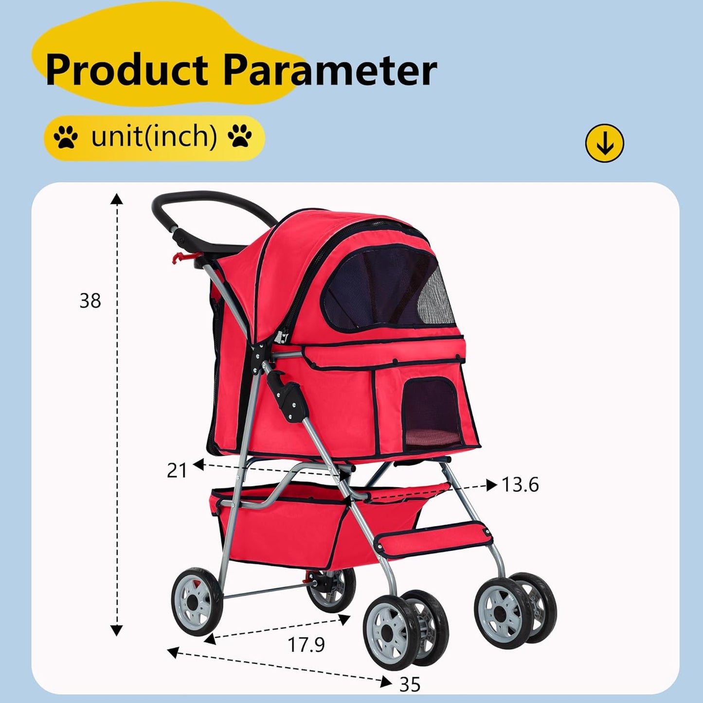 Pet Stroller 4-Wheel Dog Cat Stroller Travel Folding Carrier Puppy Stroller with Cup Holder and Removable Liner for Small Medium Dogs Cats, Red