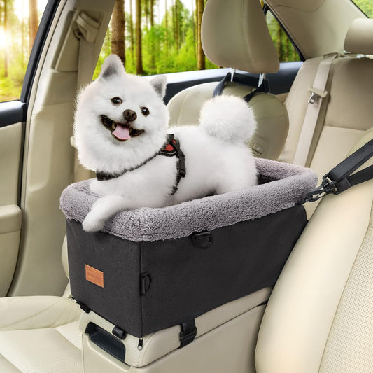 Dog Car Seat for Small Dog, Center Console Pet Booster Seat with Metal Frame, Upgraded Puppy Carseat with Double Protection Seat Belts, Washable Cushion, Safety Leash and Storage Pocket