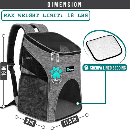 Small Dogs and Cat Backpack Carrier, Airline Approved Pet Backpack Carrier, Ventilated, Safety Strap, Buckle Support Designed for Hiking Travel Camping Outdoor, Max 18 Lbs (Heather Gray)