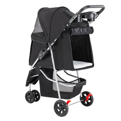 3 Wheels Pet Stroller, Dog and Cat Strollers, with Storage Basket and Cup Holder, Lightweight Travel Carrier, Breathable Mesh, Waterproof and Foldable for Small Pets Outdoor Walk, Black