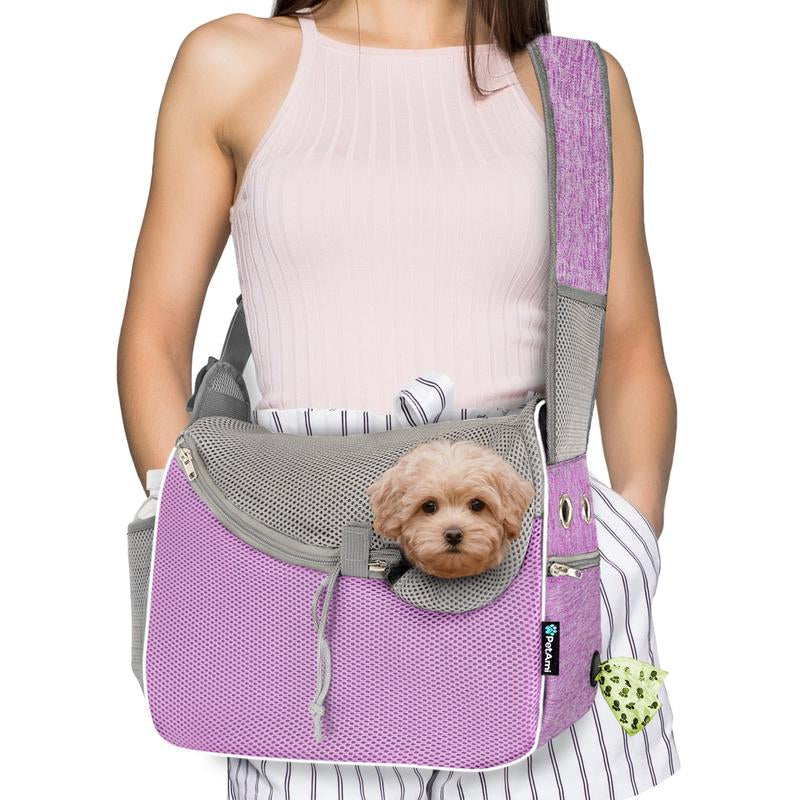 Petami Small Dog Sling Carrier, Soft-Sided Crossbody Puppy Carrying Purse Bag, Adjustable Sling Pet Pouch to Wear Medium Dog Cat Travel, Dog Bag for Traveling Breathable, Poop Bag Dispenser, Max 10Lbs
