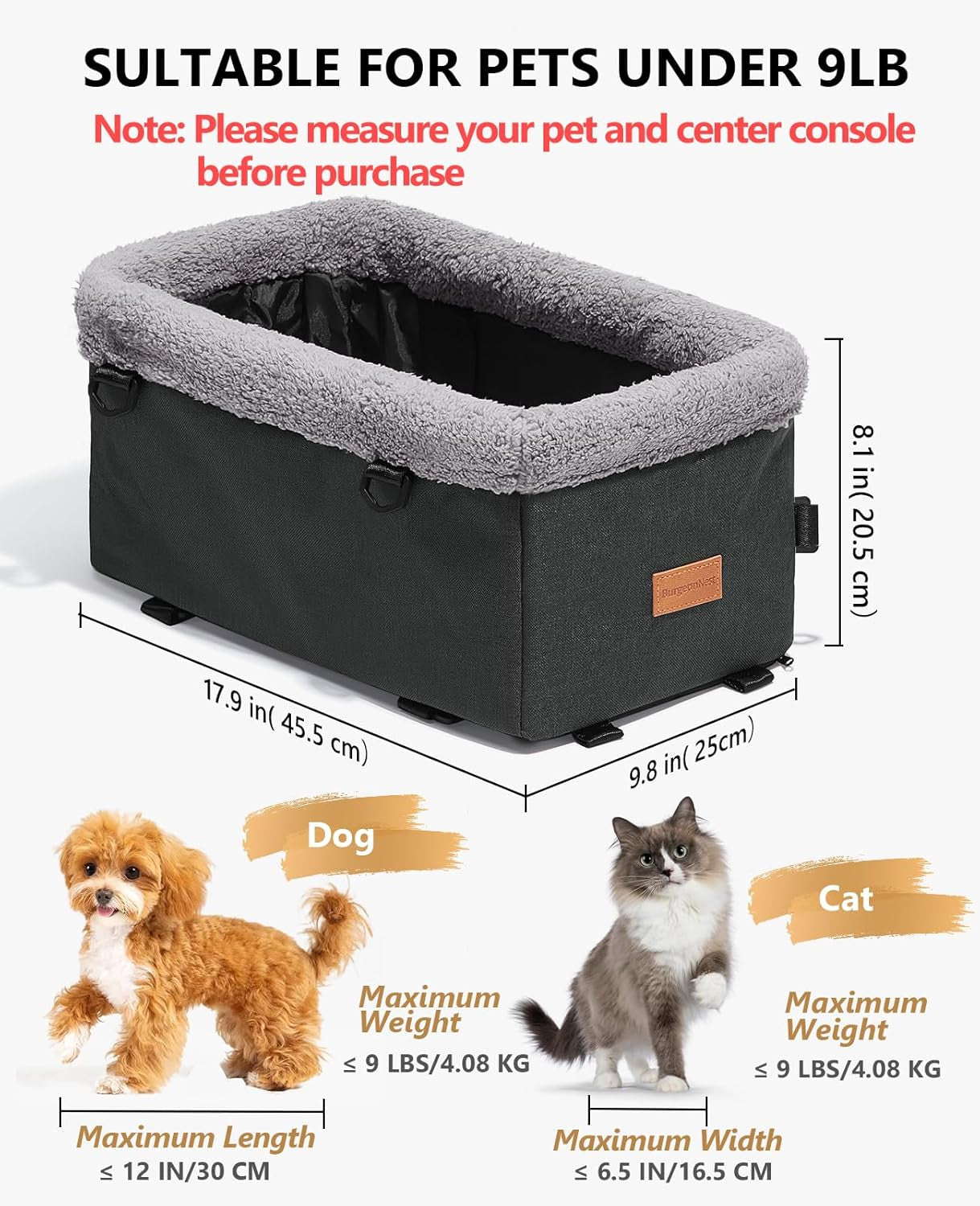 Dog Car Seat for Small Dog, Center Console Pet Booster Seat with Metal Frame, Upgraded Puppy Carseat with Double Protection Seat Belts, Washable Cushion, Safety Leash and Storage Pocket