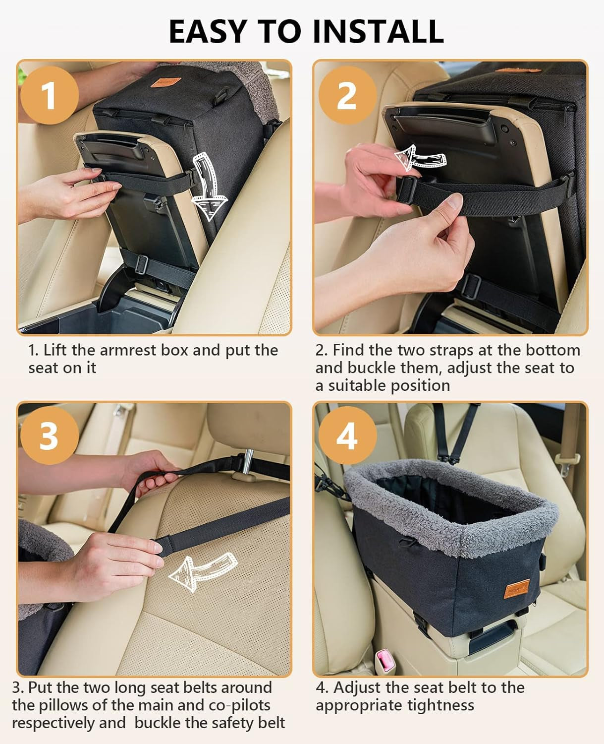 Dog Car Seat for Small Dog, Center Console Pet Booster Seat with Metal Frame, Upgraded Puppy Carseat with Double Protection Seat Belts, Washable Cushion, Safety Leash and Storage Pocket