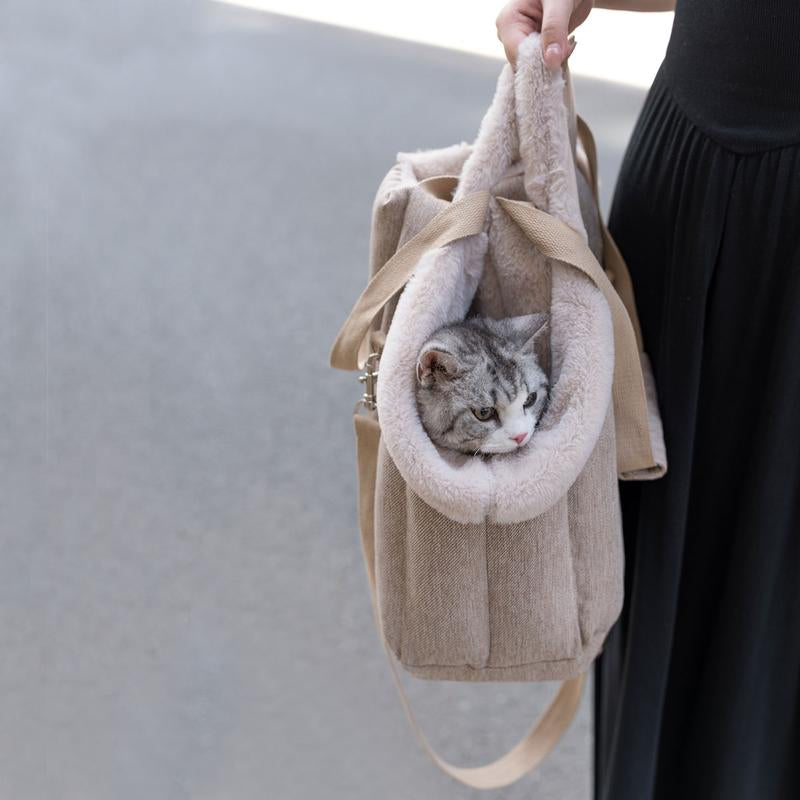 Travel Pet Carrier Portable Pet Tote Bag Thickened Plush Pet Go-Out Bag Open Style Warm Pet Carrying Bag,Winter Fleece Warm Dog Tote Bag, Pet Handbag