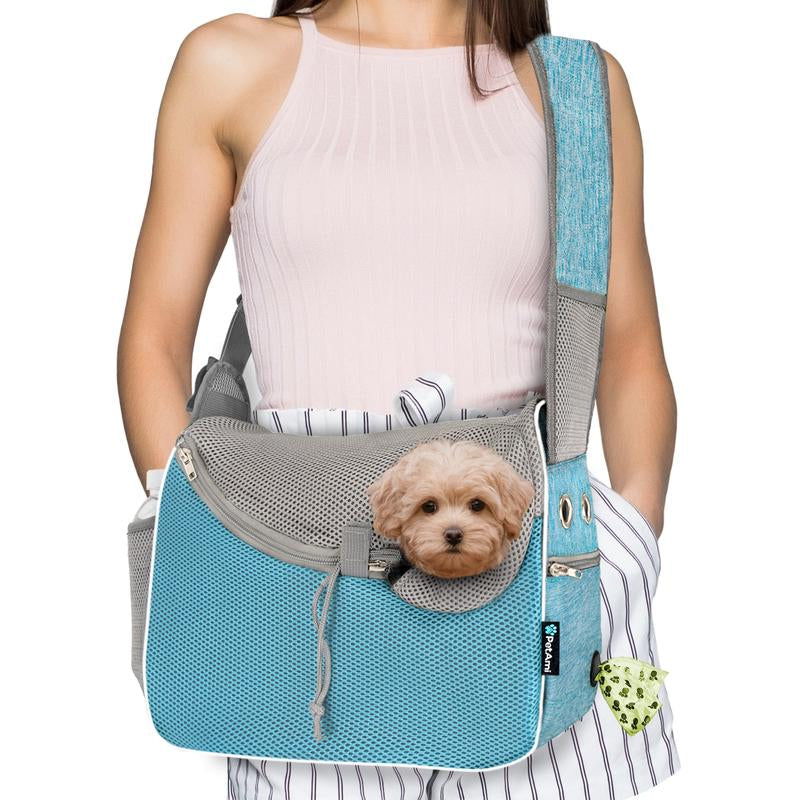 Petami Small Dog Sling Carrier, Soft-Sided Crossbody Puppy Carrying Purse Bag, Adjustable Sling Pet Pouch to Wear Medium Dog Cat Travel, Dog Bag for Traveling Breathable, Poop Bag Dispenser, Max 10Lbs