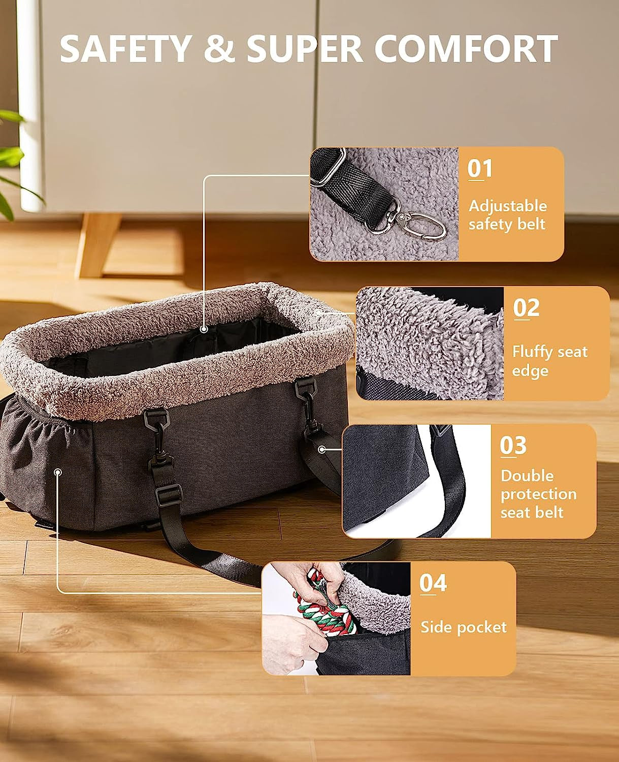 Dog Car Seat for Small Dog, Center Console Pet Booster Seat with Metal Frame, Upgraded Puppy Carseat with Double Protection Seat Belts, Washable Cushion, Safety Leash and Storage Pocket