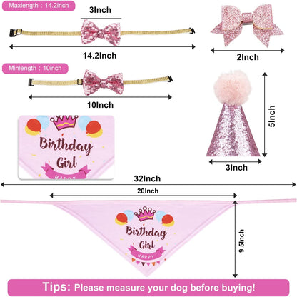 Dog Birthday Party Supplies Bandana Hat Banner Set Boy Girl Cute Bow Tie Scarf Birthday Decorations (Pink，Dog Girl)