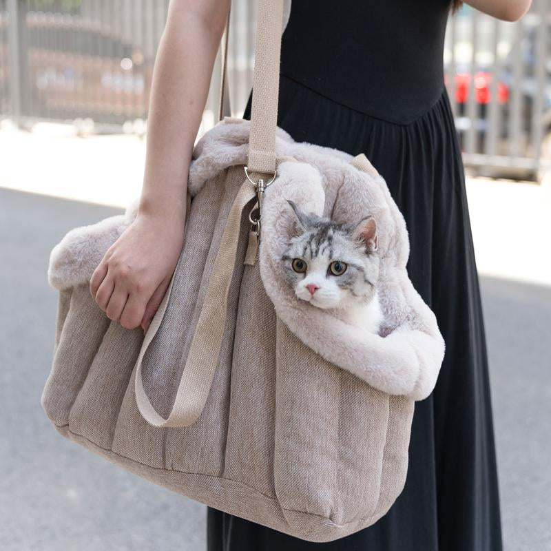Travel Pet Carrier Portable Pet Tote Bag Thickened Plush Pet Go-Out Bag Open Style Warm Pet Carrying Bag,Winter Fleece Warm Dog Tote Bag, Pet Handbag