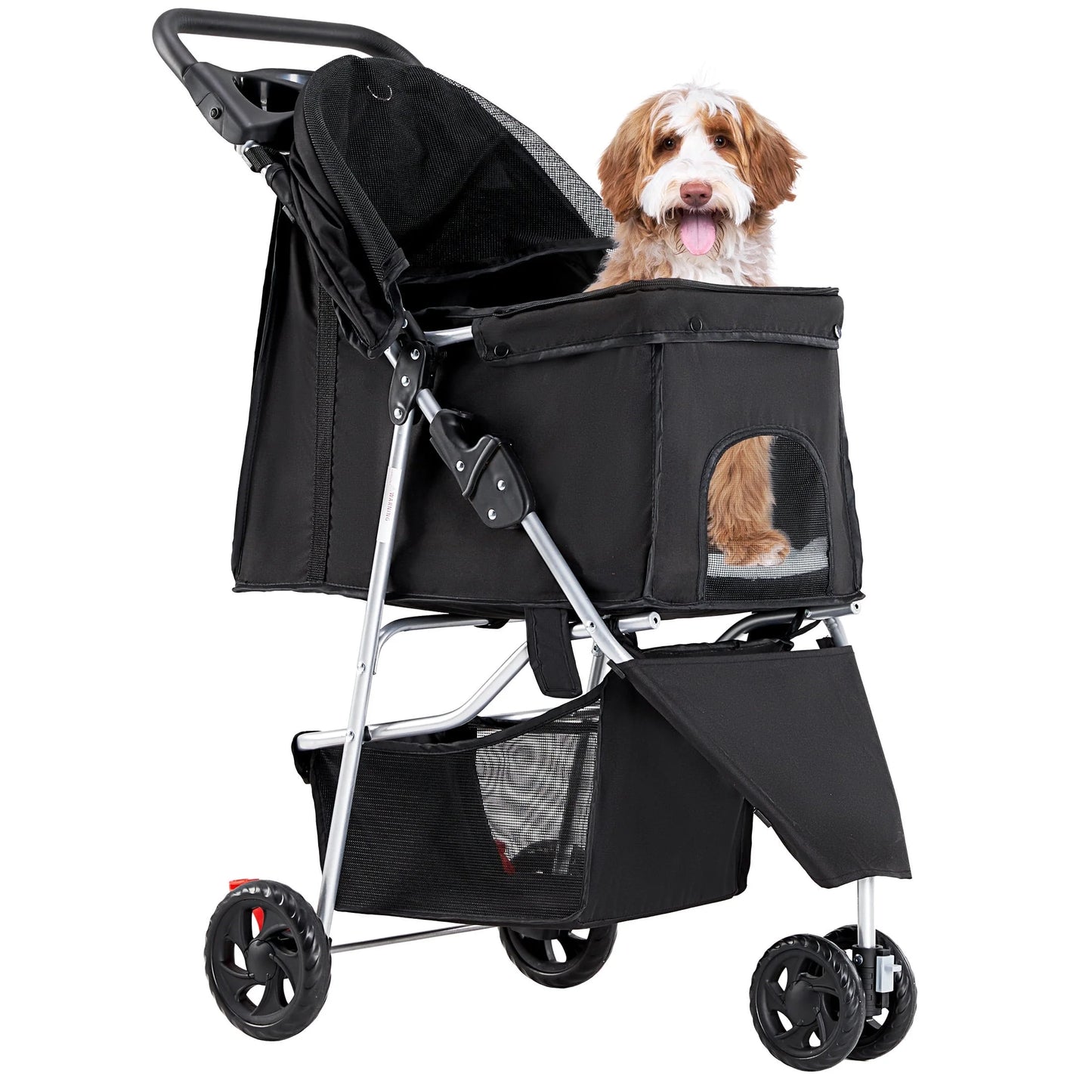 3 Wheels Pet Stroller, Dog and Cat Strollers, with Storage Basket and Cup Holder, Lightweight Travel Carrier, Breathable Mesh, Waterproof and Foldable for Small Pets Outdoor Walk, Black