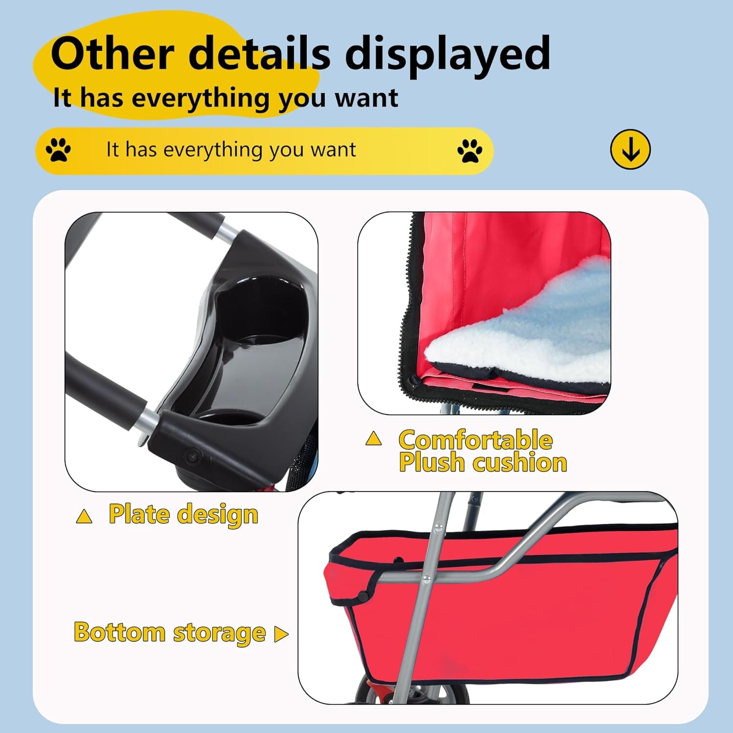 Pet Stroller 4-Wheel Dog Cat Stroller Travel Folding Carrier Puppy Stroller with Cup Holder and Removable Liner for Small Medium Dogs Cats, Red