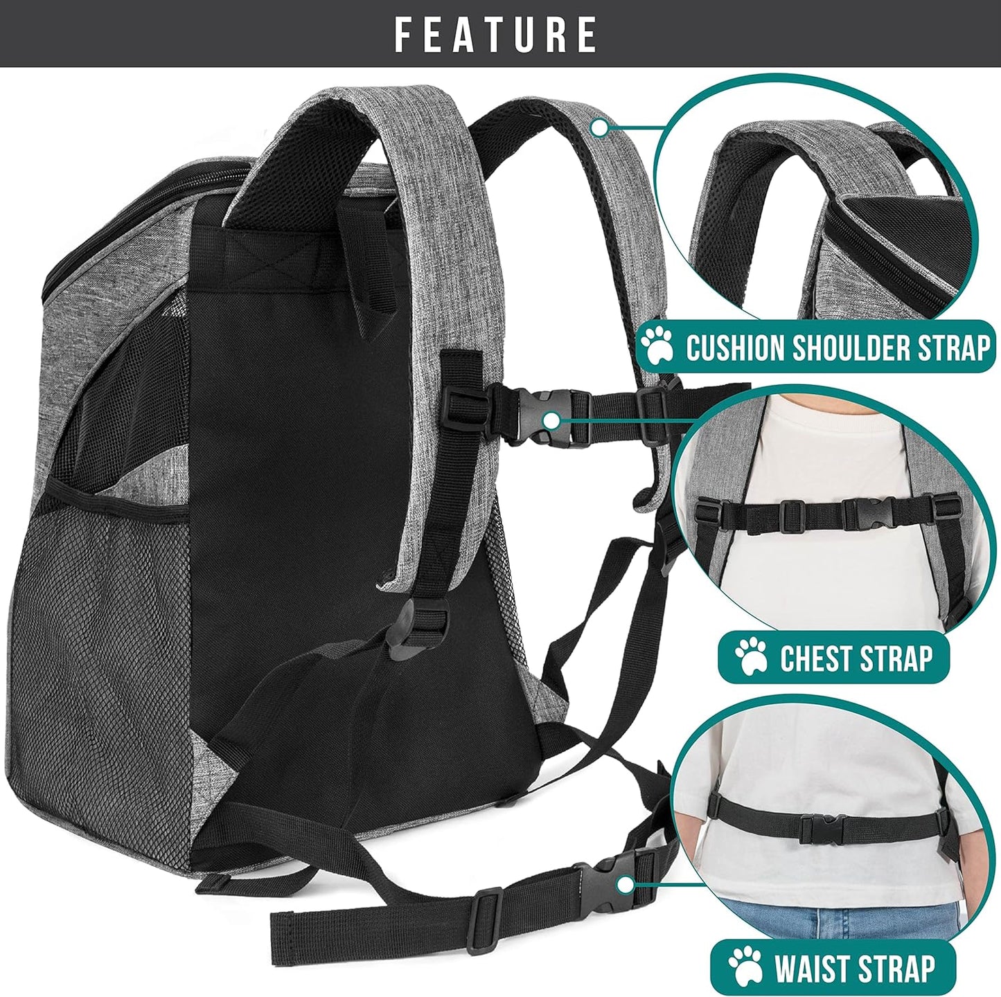 Small Dogs and Cat Backpack Carrier, Airline Approved Pet Backpack Carrier, Ventilated, Safety Strap, Buckle Support Designed for Hiking Travel Camping Outdoor, Max 18 Lbs (Heather Gray)