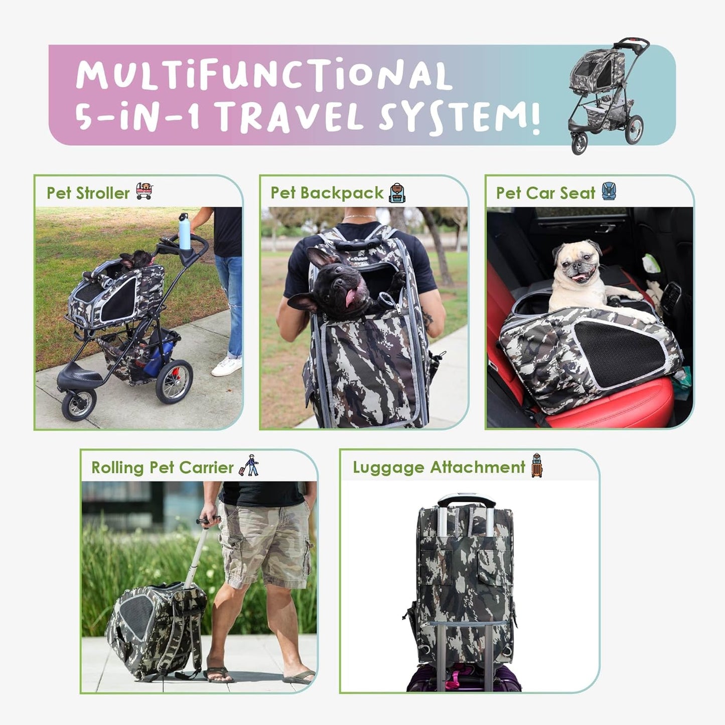 5-In-1 Complete Travel System with PET Carrier and PET Stroller - Pink Camo (Army Camo)