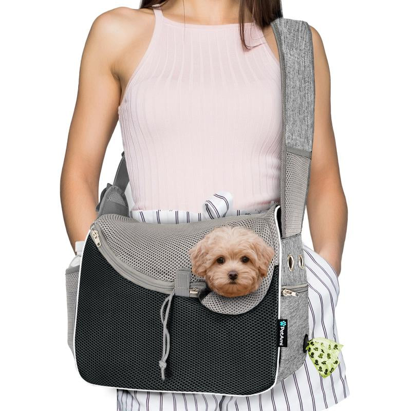 Petami Small Dog Sling Carrier, Soft-Sided Crossbody Puppy Carrying Purse Bag, Adjustable Sling Pet Pouch to Wear Medium Dog Cat Travel, Dog Bag for Traveling Breathable, Poop Bag Dispenser, Max 10Lbs