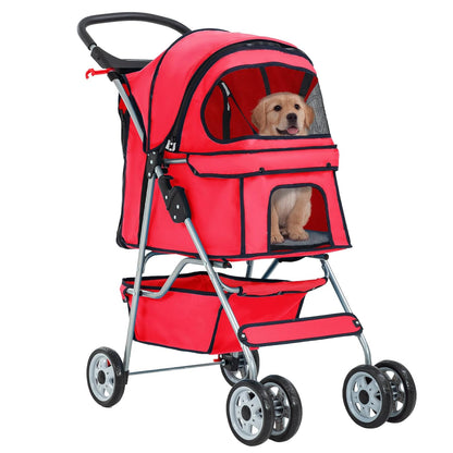 Pet Stroller 4-Wheel Dog Cat Stroller Travel Folding Carrier Puppy Stroller with Cup Holder and Removable Liner for Small Medium Dogs Cats, Red
