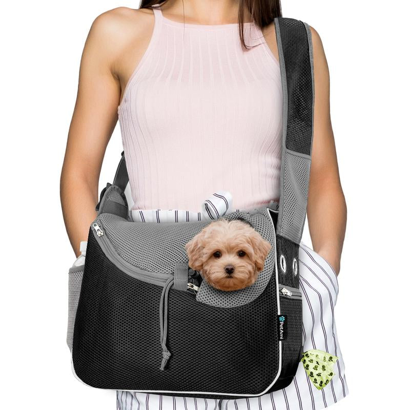 Petami Small Dog Sling Carrier, Soft-Sided Crossbody Puppy Carrying Purse Bag, Adjustable Sling Pet Pouch to Wear Medium Dog Cat Travel, Dog Bag for Traveling Breathable, Poop Bag Dispenser, Max 10Lbs