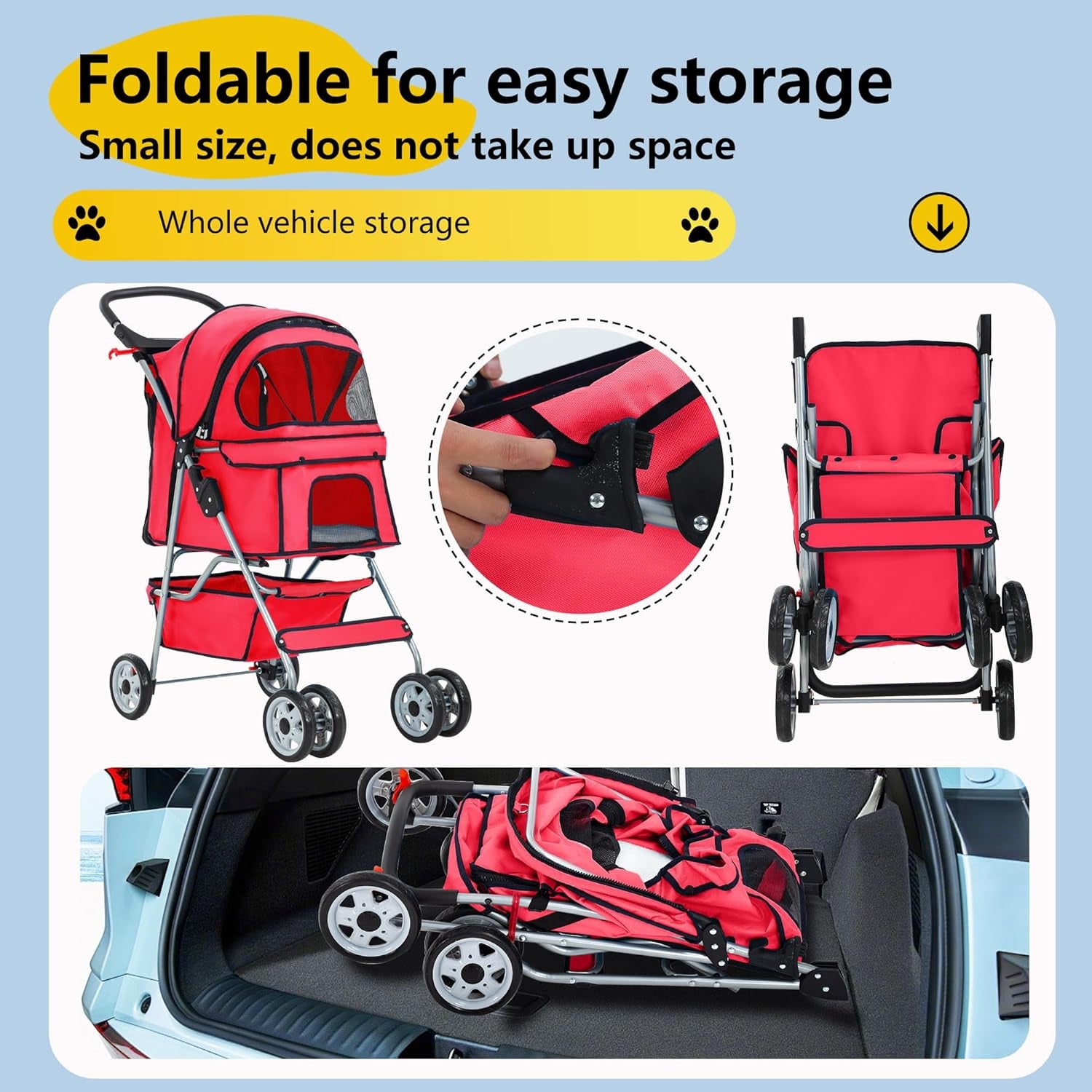 Pet Stroller 4-Wheel Dog Cat Stroller Travel Folding Carrier Puppy Stroller with Cup Holder and Removable Liner for Small Medium Dogs Cats, Red
