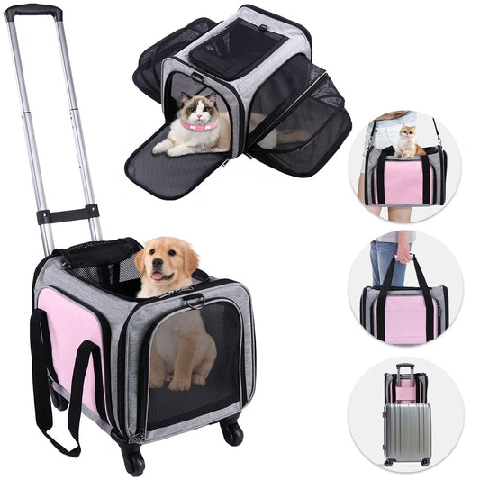 Rolling Pet Carrier with Wheels, Foldable Airline Approved Dog Carriers for Small Dogs and Cats, Cat Carrier on Wheels, Pet Travel Carrier for Flight Camping Outdoor