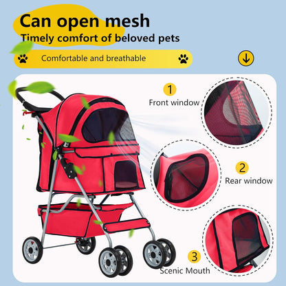 Pet Stroller 4-Wheel Dog Cat Stroller Travel Folding Carrier Puppy Stroller with Cup Holder and Removable Liner for Small Medium Dogs Cats, Red