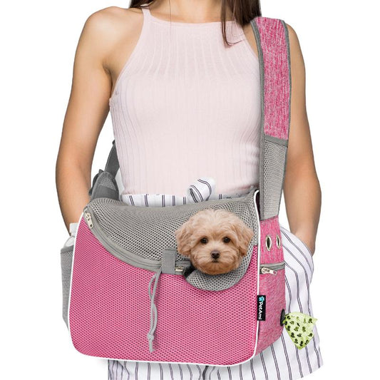 Petami Small Dog Sling Carrier, Soft-Sided Crossbody Puppy Carrying Purse Bag, Adjustable Sling Pet Pouch to Wear Medium Dog Cat Travel, Dog Bag for Traveling Breathable, Poop Bag Dispenser, Max 10Lbs