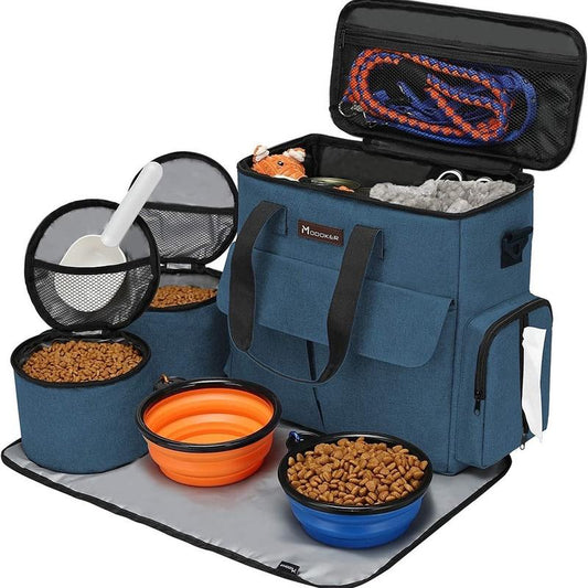 Modoker Ultimate Dog and Cat Travel Bag - Airline-Approved Pet Travel Set with Dog Tote Bag, Water-Resistant Placemat, and 2 Pet Silicone Bowls