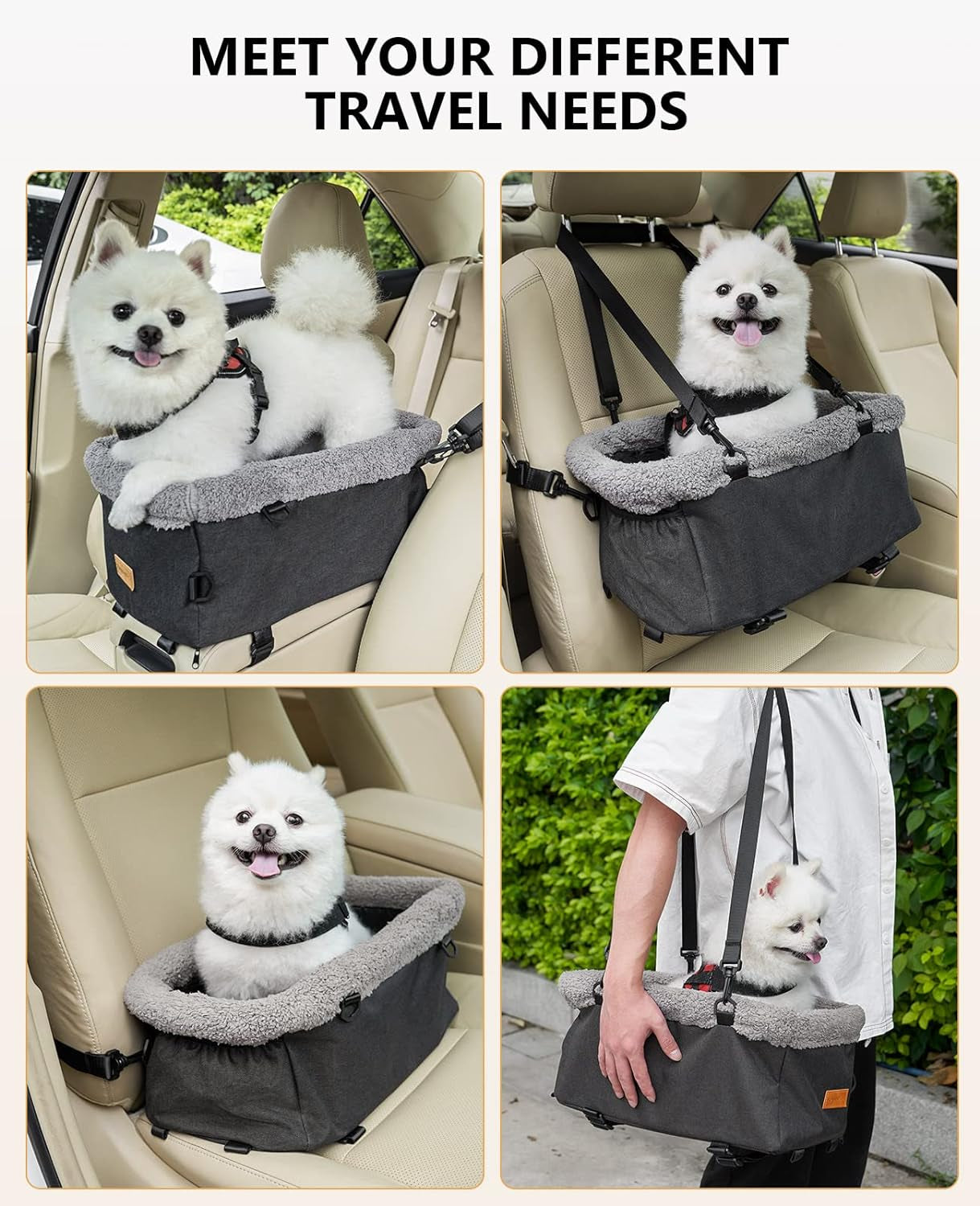 Dog Car Seat for Small Dog, Center Console Pet Booster Seat with Metal Frame, Upgraded Puppy Carseat with Double Protection Seat Belts, Washable Cushion, Safety Leash and Storage Pocket