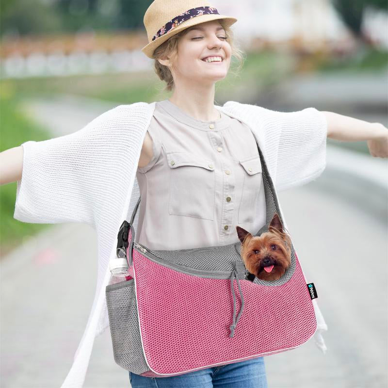 Petami Small Dog Sling Carrier, Soft-Sided Crossbody Puppy Carrying Purse Bag, Adjustable Sling Pet Pouch to Wear Medium Dog Cat Travel, Dog Bag for Traveling Breathable, Poop Bag Dispenser, Max 10Lbs