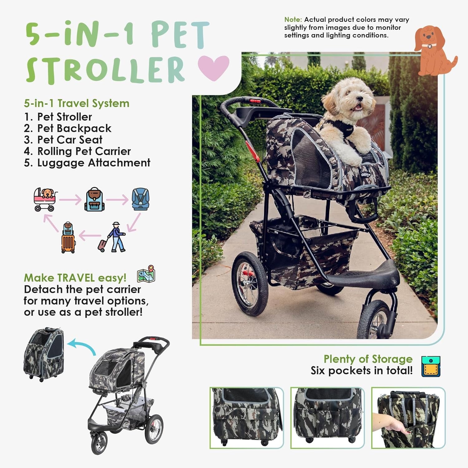 5-In-1 Complete Travel System with PET Carrier and PET Stroller - Pink Camo (Army Camo)