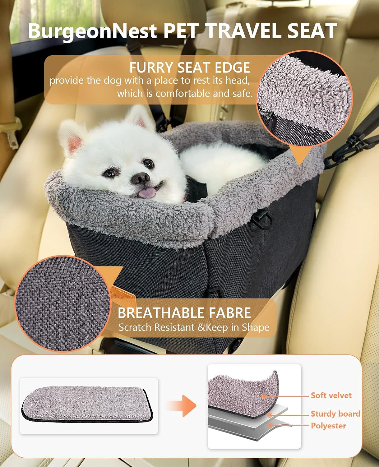 Dog Car Seat for Small Dog, Center Console Pet Booster Seat with Metal Frame, Upgraded Puppy Carseat with Double Protection Seat Belts, Washable Cushion, Safety Leash and Storage Pocket