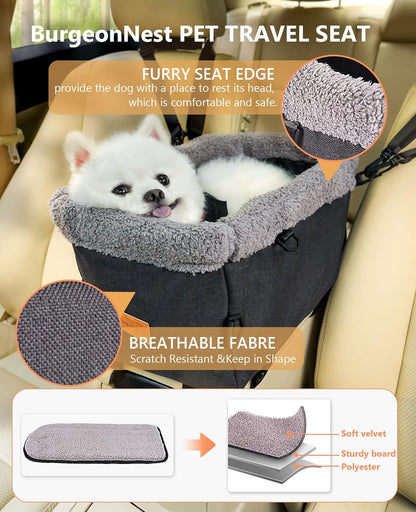 Dog Car Seat for Small Dog, Center Console Pet Booster Seat with Metal Frame, Upgraded Puppy Carseat with Double Protection Seat Belts, Washable Cushion, Safety Leash and Storage Pocket