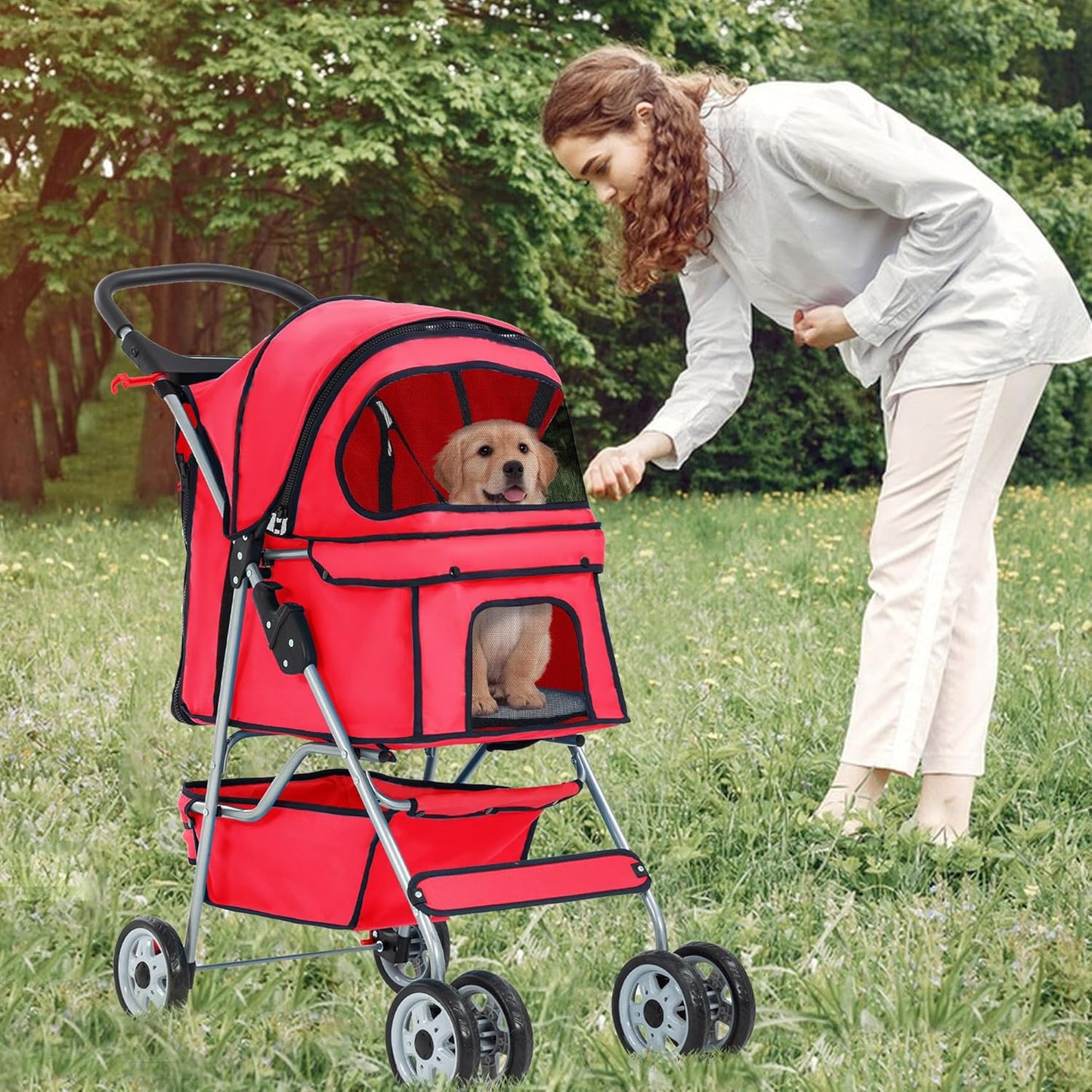 Pet Stroller 4-Wheel Dog Cat Stroller Travel Folding Carrier Puppy Stroller with Cup Holder and Removable Liner for Small Medium Dogs Cats, Red