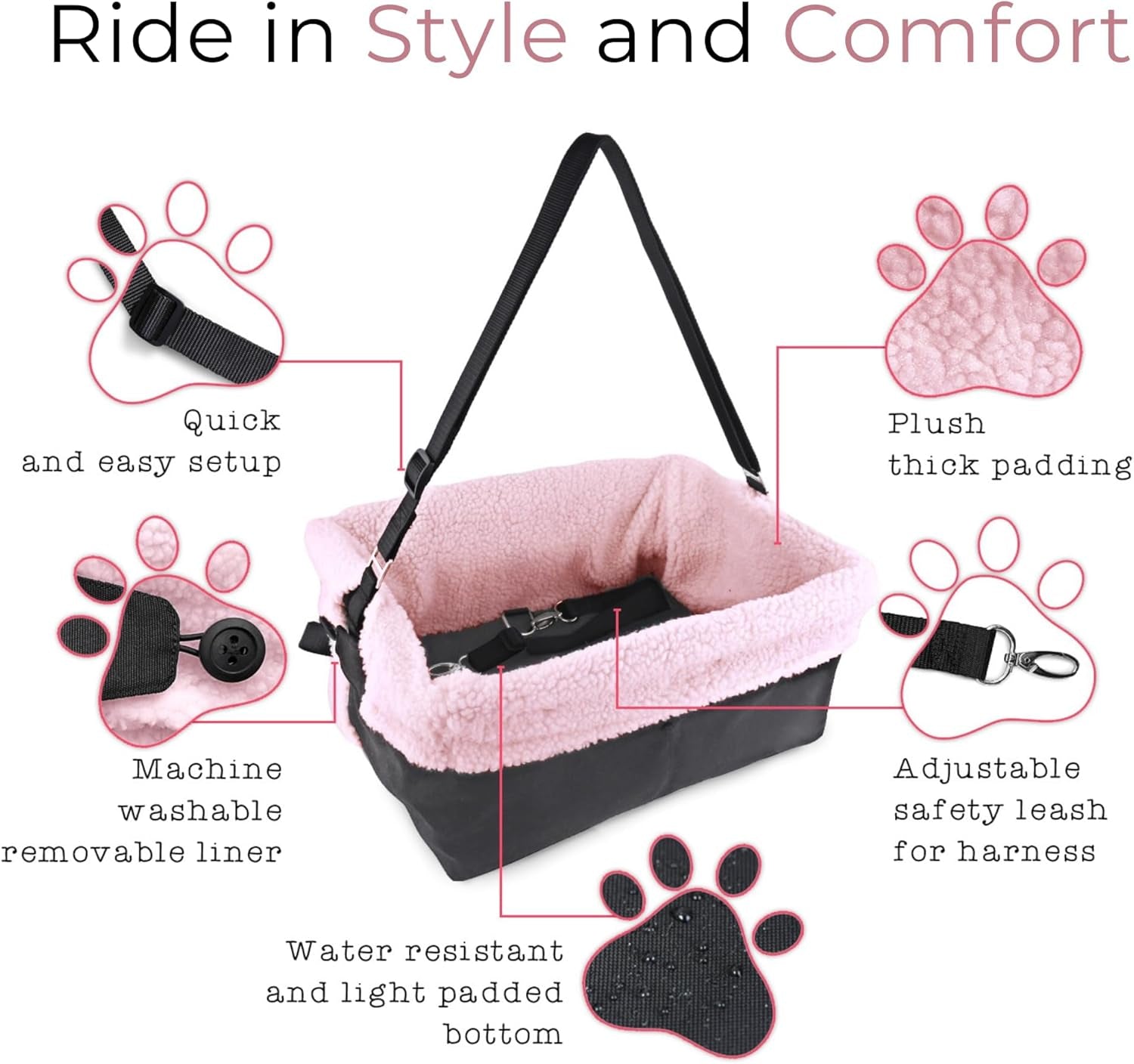 Dog Car Seat for Small Dogs - Grey Dog Booster Seat- Washable, Adjustable and Collapsible Pet Travel Carrier Bed- Includes Safety Seat Belt Tether for Small Dogs, Puppies and Pets up to 18 Lbs