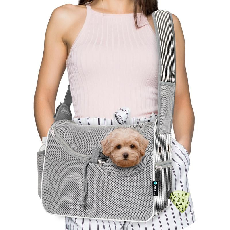 Petami Small Dog Sling Carrier, Soft-Sided Crossbody Puppy Carrying Purse Bag, Adjustable Sling Pet Pouch to Wear Medium Dog Cat Travel, Dog Bag for Traveling Breathable, Poop Bag Dispenser, Max 10Lbs